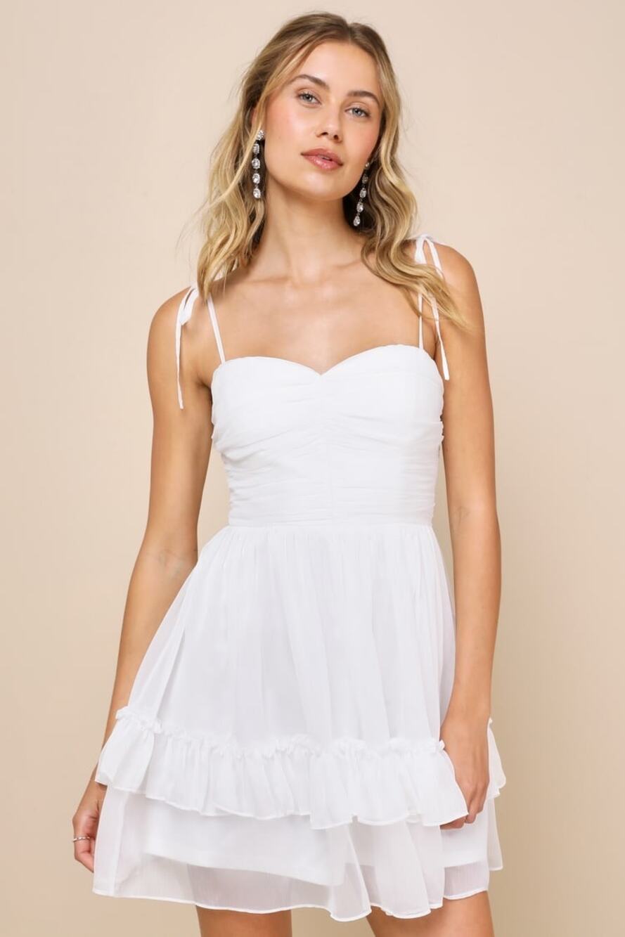 NWT Lulus Angelic Approach White Chiffon Ruffled Tie-Strap Mini Dress Party Sz L